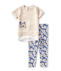 Flapdoodles Little Girls Short Sleeve Bow-Detailed Textured-Knit Tunic Top & Printed Knit Leggings Set