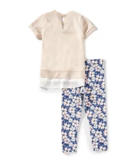 Flapdoodles Little Girls Short Sleeve Bow-Detailed Textured-Knit Tunic Top & Printed Knit Leggings Set