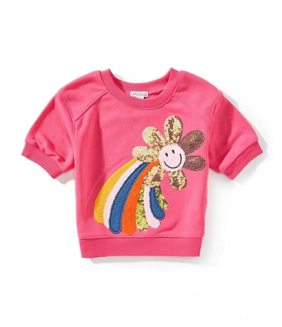 Flapdoodles Little Girls Short Sleeve Sequin Embroidered Rainbow Top