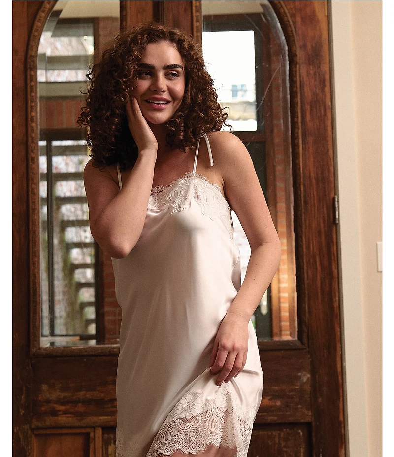Flora Nikrooz Celeste Luxe Stretch Satin Lace-Trim Square Neck Sleeveless Chemise