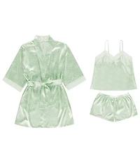 Flora Nikrooz Sabrina Travel Satin Jacquard Cami & Shorty Robe Set