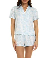 Flora Nikrooz Short Sleeve Notch Collar Floral Charmeuse Pajama Set With Bow Details