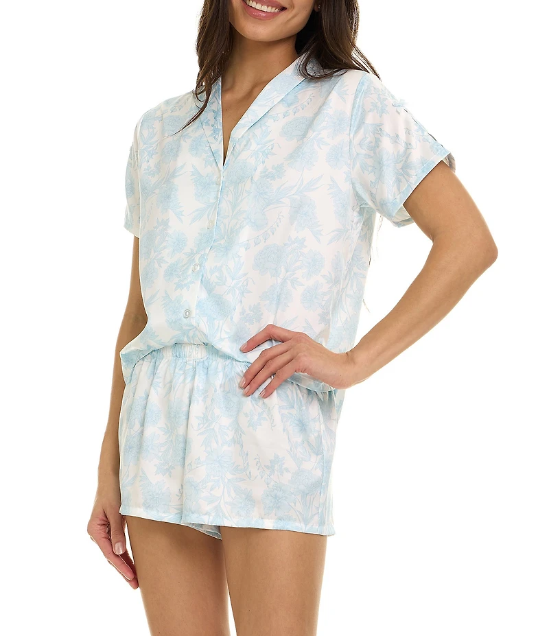 Flora Nikrooz Short Sleeve Notch Collar Floral Charmeuse Pajama Set With Bow Details