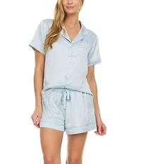Flora Nikrooz Solid Short Sleeve Notch Collar Charmeuse Pajama Set With Pearl Details