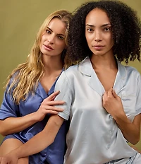 Flora Nikrooz Solid Short Sleeve Notch Collar Charmeuse Pajama Set With Pearl Details