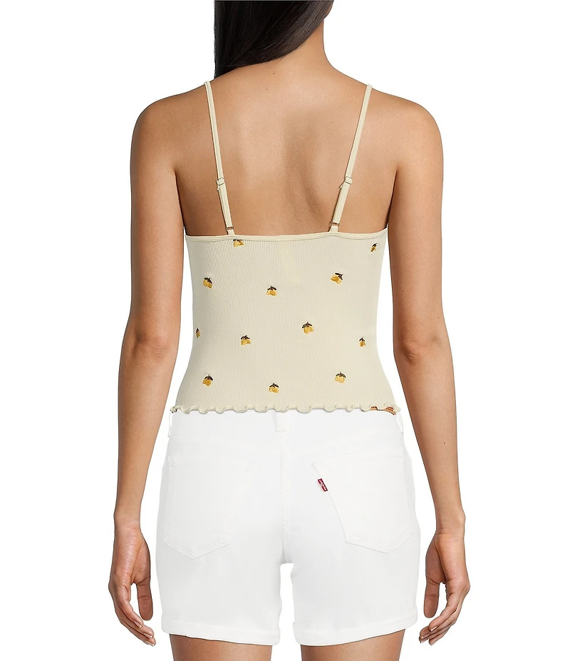 Fornia Seamless Embroidered Lemons Spaghetti Strap Camisole Top