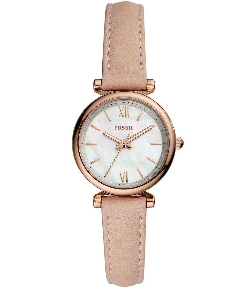 Fossil Carlie Mini Three-Hand Gold Tone Stainless Steel Leather Watch