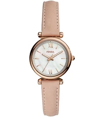 Fossil Carlie Mini Three-Hand Gold Tone Stainless Steel Leather Watch