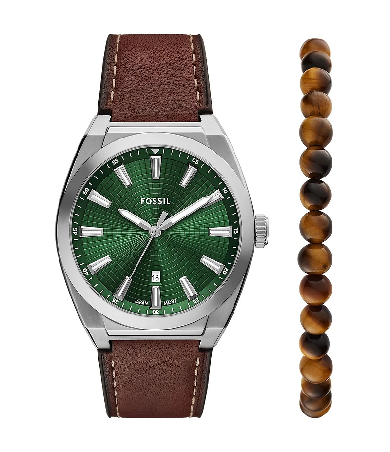 Fossil Men's Everett Three-Hand Brown Leather Strap Watch and Bracelet Set