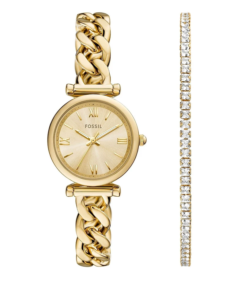 Fossil Women's Carlie Three-Hand Gold-Tone Stainless Steel Watch and Bracelet Set