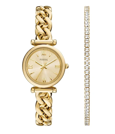 Fossil Women's Carlie Three-Hand Gold-Tone Stainless Steel Watch and Bracelet Set