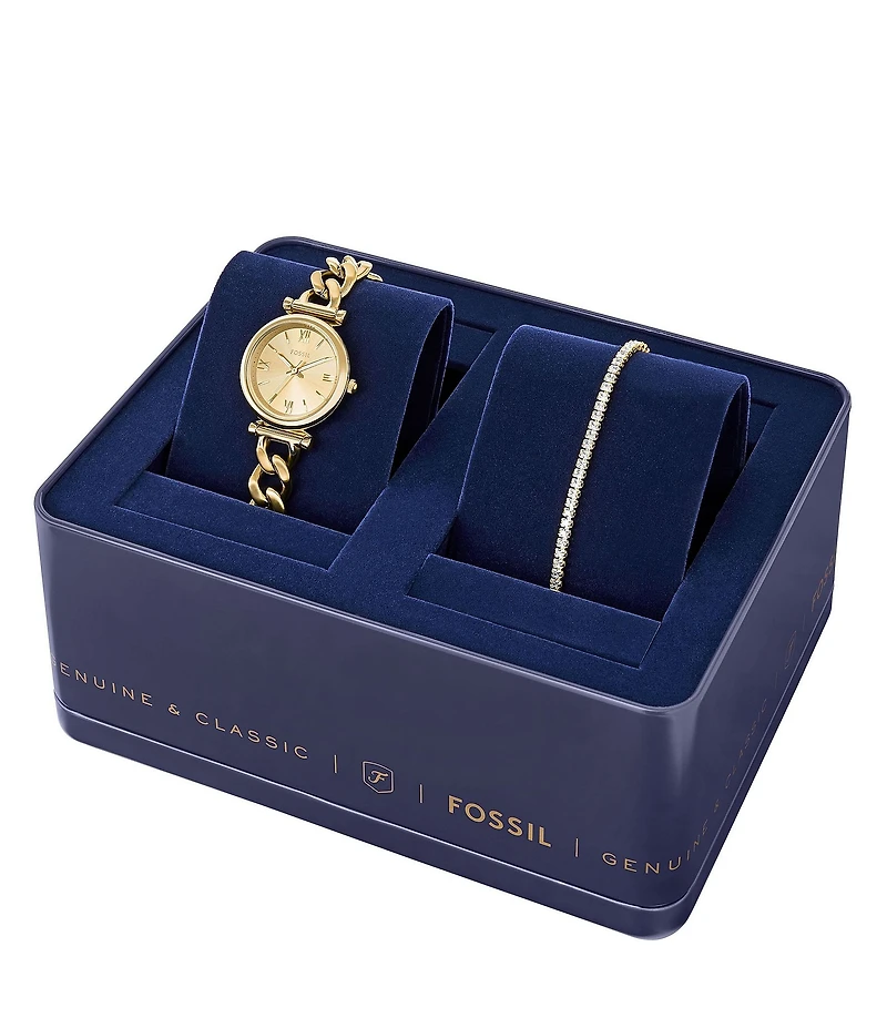 Fossil Women's Carlie Three-Hand Gold-Tone Stainless Steel Watch and Bracelet Set