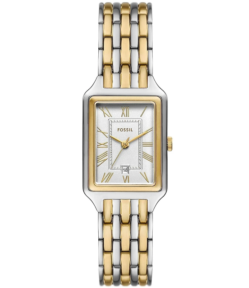 Fossil Women's Raquel Three-Hand Date Two Tone Stainless Steel Rectangular Bracelet Watch