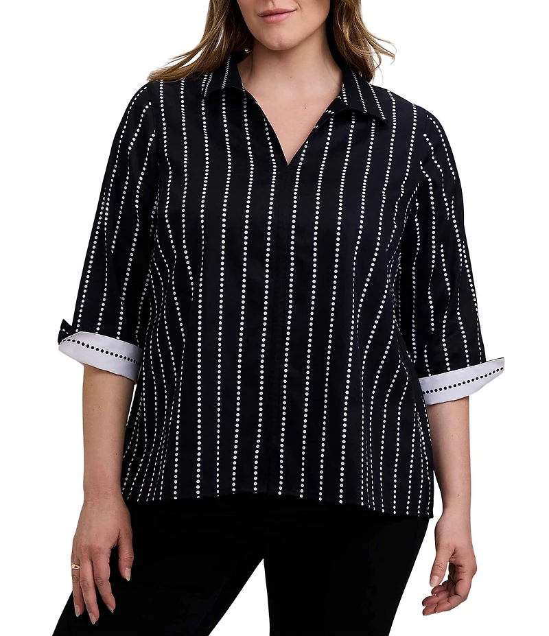 Foxcroft Plus Size Agnes Cotton Sateen Dotted Stripe Wing Collar 3/4 Sleeve Top