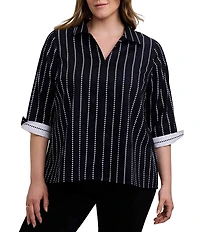 Foxcroft Plus Size Agnes Cotton Sateen Dotted Stripe Wing Collar 3/4 Sleeve Top