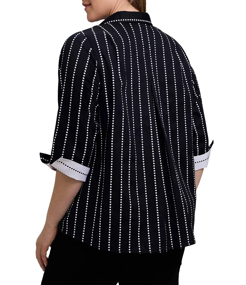 Foxcroft Plus Size Agnes Cotton Sateen Dotted Stripe Wing Collar 3/4 Sleeve Top
