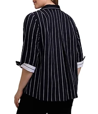 Foxcroft Plus Size Agnes Cotton Sateen Dotted Stripe Wing Collar 3/4 Sleeve Top