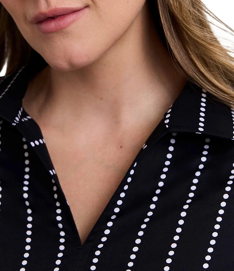 Foxcroft Plus Size Agnes Cotton Sateen Dotted Stripe Wing Collar 3/4 Sleeve Top