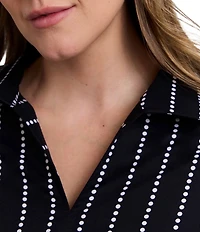 Foxcroft Plus Size Agnes Cotton Sateen Dotted Stripe Wing Collar 3/4 Sleeve Top