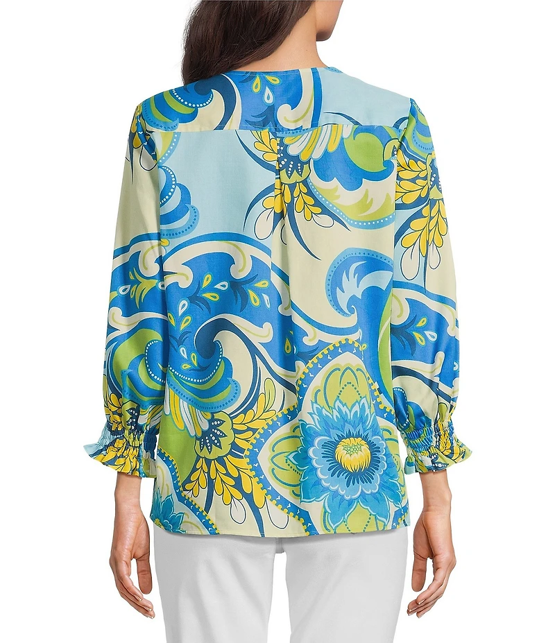 Foxcroft Alicia Floral Cotton Sateen 3/4 Sleeve V-Neck Top