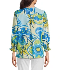 Foxcroft Alicia Floral Cotton Sateen 3/4 Sleeve V-Neck Top