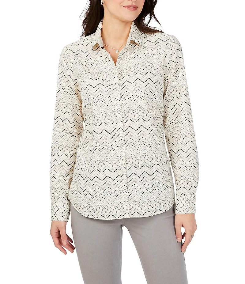 Foxcroft Ava Sateen Chevron Print Point Collar Long Sleeve Button Front Cotton Shirt