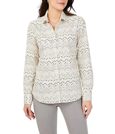 Foxcroft Ava Sateen Chevron Print Point Collar Long Sleeve Button Front Cotton Shirt