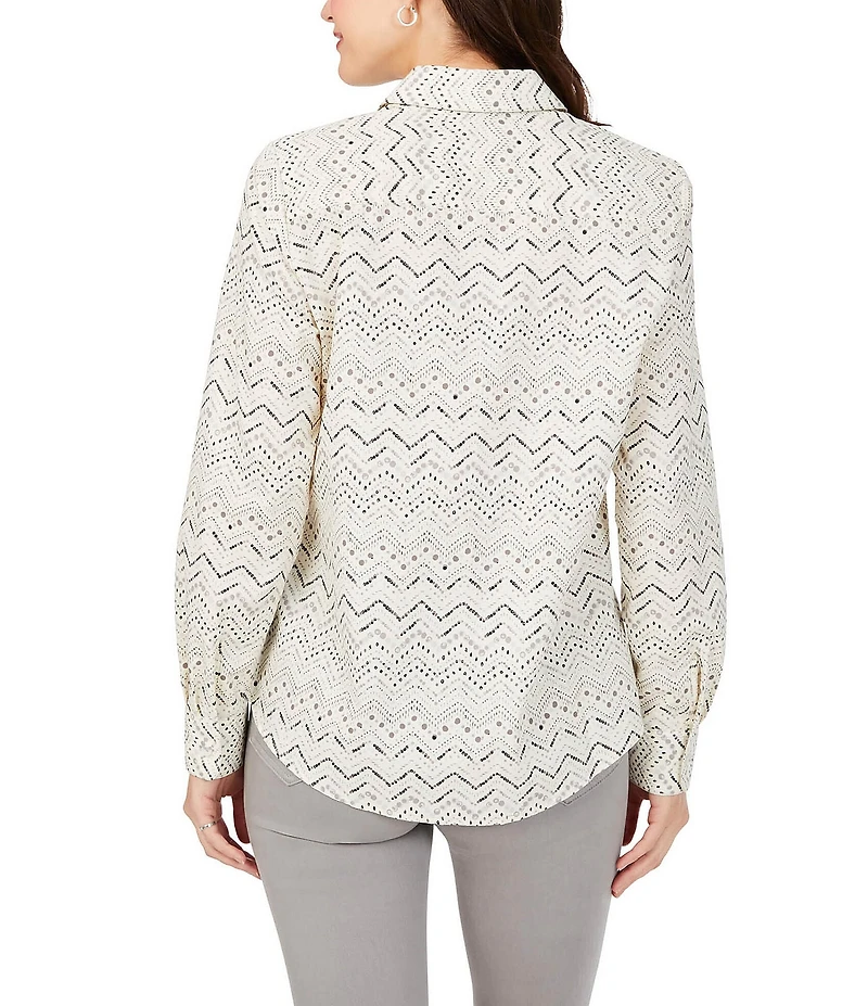Foxcroft Ava Sateen Chevron Print Point Collar Long Sleeve Button Front Cotton Shirt