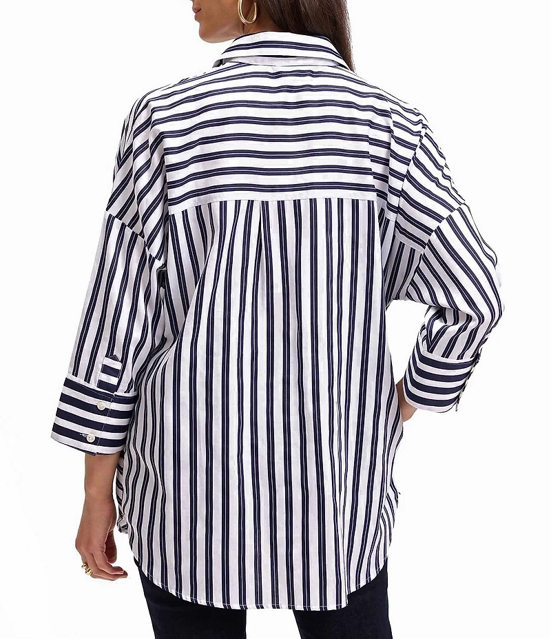 Foxcroft Avery Sateen Stripe Point Collar 3/4 Sleeve Button-Front Shirt