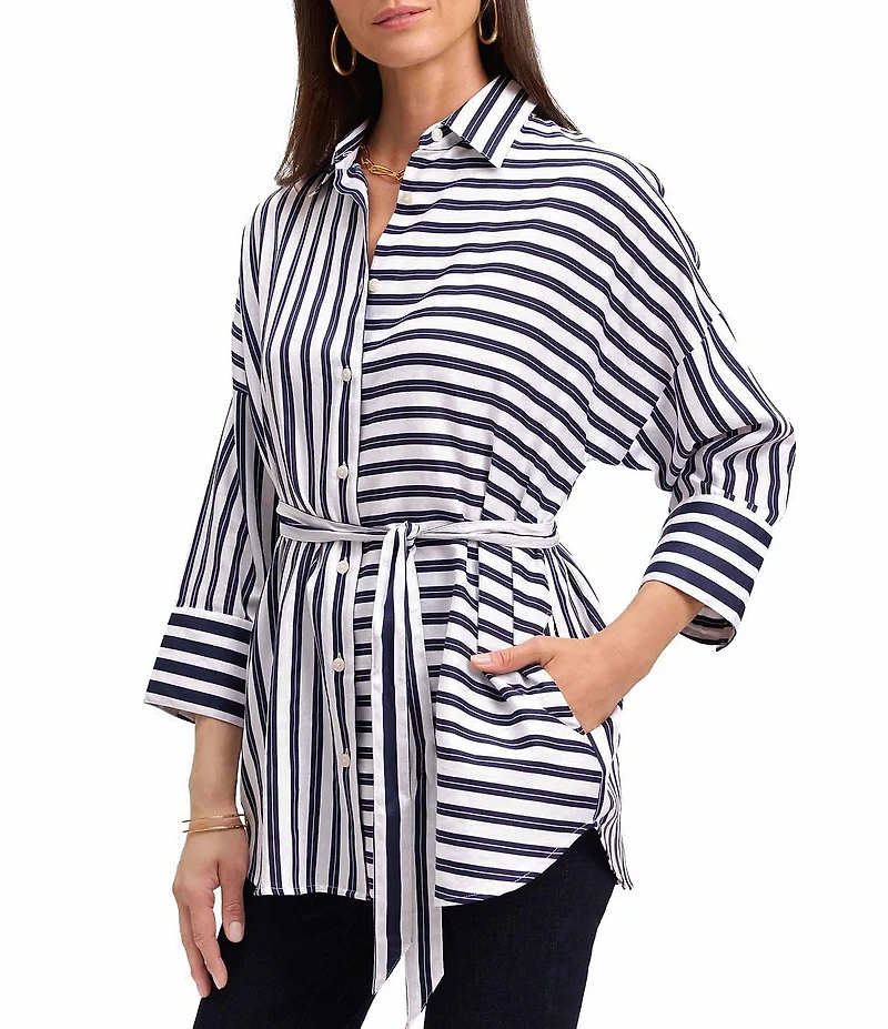 Foxcroft Avery Sateen Stripe Point Collar 3/4 Sleeve Button-Front Shirt