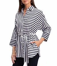 Foxcroft Avery Sateen Stripe Point Collar 3/4 Sleeve Button-Front Shirt