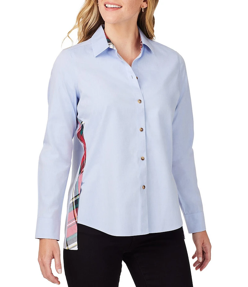 Foxcroft Bennet Long Sleeve Point Collar Side Bias Panel High-Low Hem Button Front Shirt