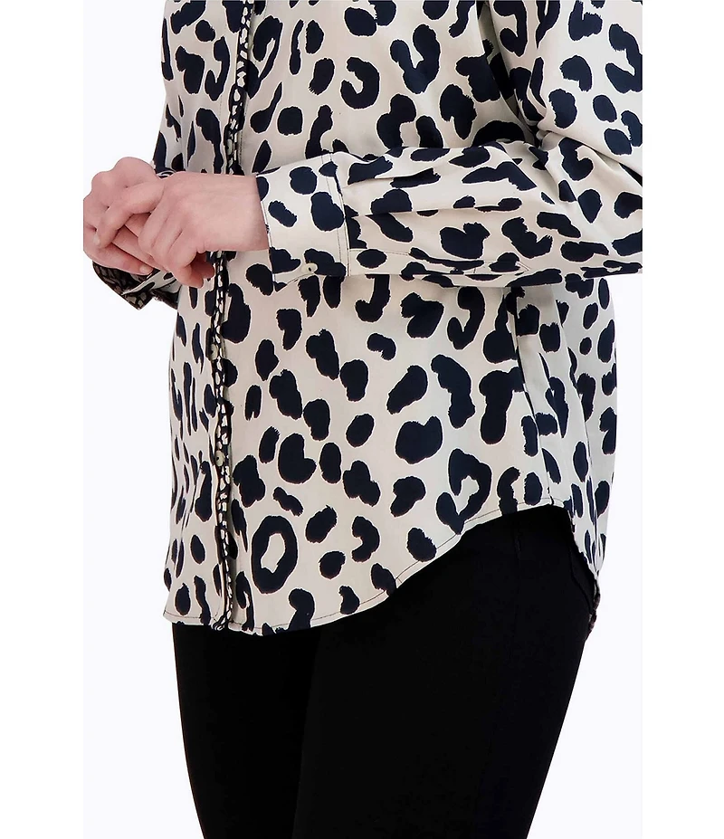 Foxcroft Charlie Cotton Sateen Cheetah Print Point Collar Long Sleeve Round Hem Button Front Shirt