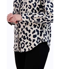 Foxcroft Charlie Cotton Sateen Cheetah Print Point Collar Long Sleeve Round Hem Button Front Shirt