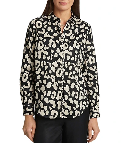 Foxcroft Charlie Cotton Sateen Cheetah Print Point Collar Long Sleeve Round Hem Button Front Shirt