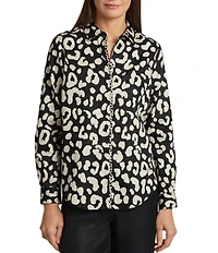 Foxcroft Charlie Cotton Sateen Cheetah Print Point Collar Long Sleeve Round Hem Button Front Shirt