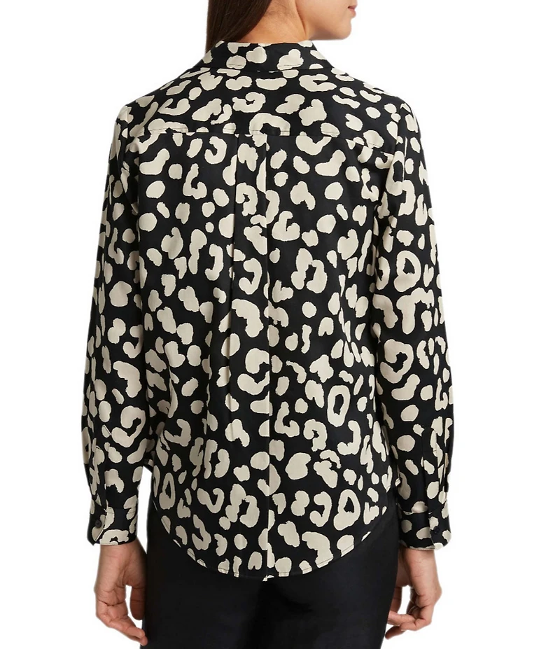 Foxcroft Charlie Cotton Sateen Cheetah Print Point Collar Long Sleeve Round Hem Button Front Shirt