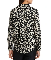 Foxcroft Charlie Cotton Sateen Cheetah Print Point Collar Long Sleeve Round Hem Button Front Shirt