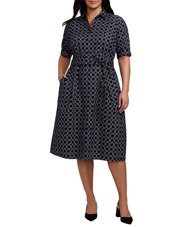 Foxcroft Esther Cotton Sateen Printed Point Collar Elbow Length Sleeve Midi Shirtdress