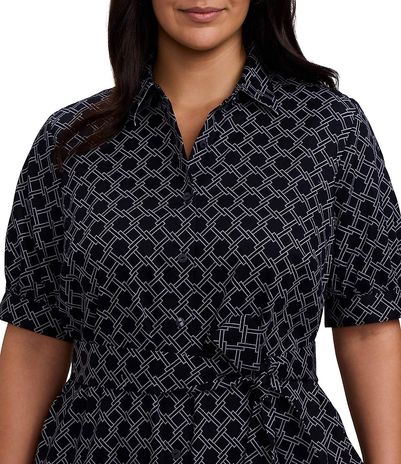 Foxcroft Esther Cotton Sateen Printed Point Collar Elbow Length Sleeve Midi Shirtdress