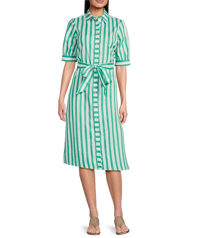 Foxcroft Esther Stripe Point Collar Elbow Sleeve Belted Shirt Dress