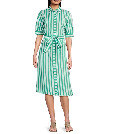 Foxcroft Esther Stripe Point Collar Elbow Sleeve Belted Shirt Dress