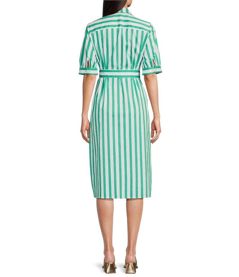 Foxcroft Esther Stripe Point Collar Elbow Sleeve Belted Shirt Dress