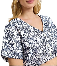 Foxcroft Isabel Floral Eyelet Elbow Sleeve Button Front Shirt