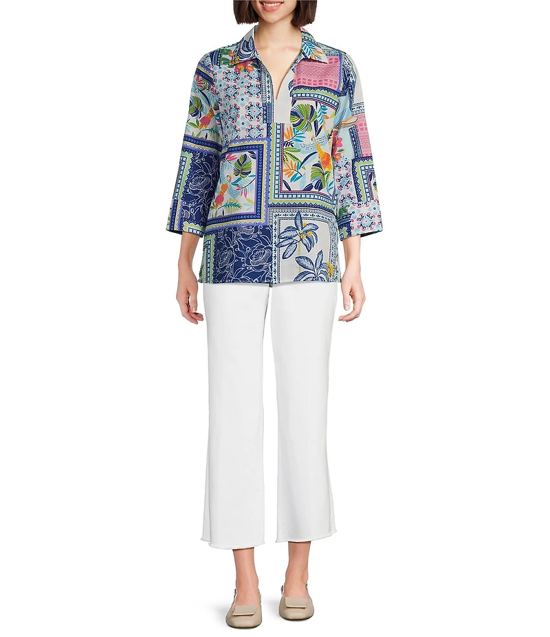 Foxcroft Julia Y-Neck 3/4 Sleeve Soft Cotton Print Tunic