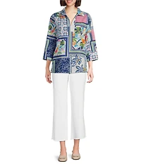 Foxcroft Julia Y-Neck 3/4 Sleeve Soft Cotton Print Tunic
