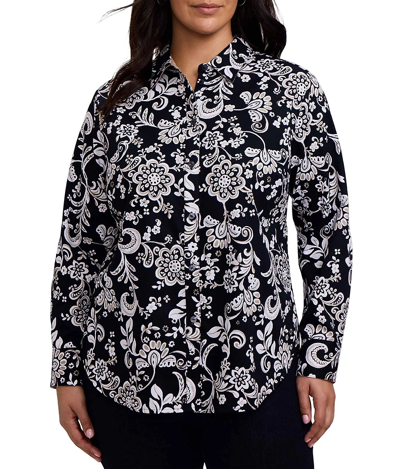 Foxcroft Plus Size Margie Cotton Sateen Abstract Daisy Point Collar Long Sleeve Button Front Shirt