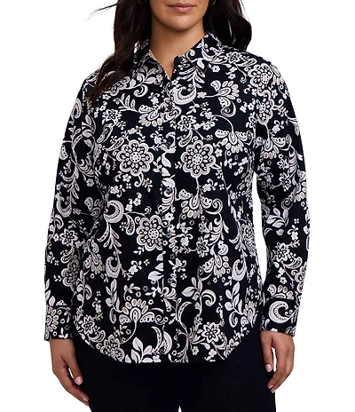 Foxcroft Plus Size Margie Cotton Sateen Abstract Daisy Point Collar Long Sleeve Button Front Shirt