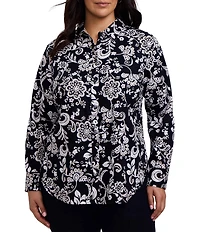Foxcroft Plus Size Margie Cotton Sateen Abstract Daisy Point Collar Long Sleeve Button Front Shirt