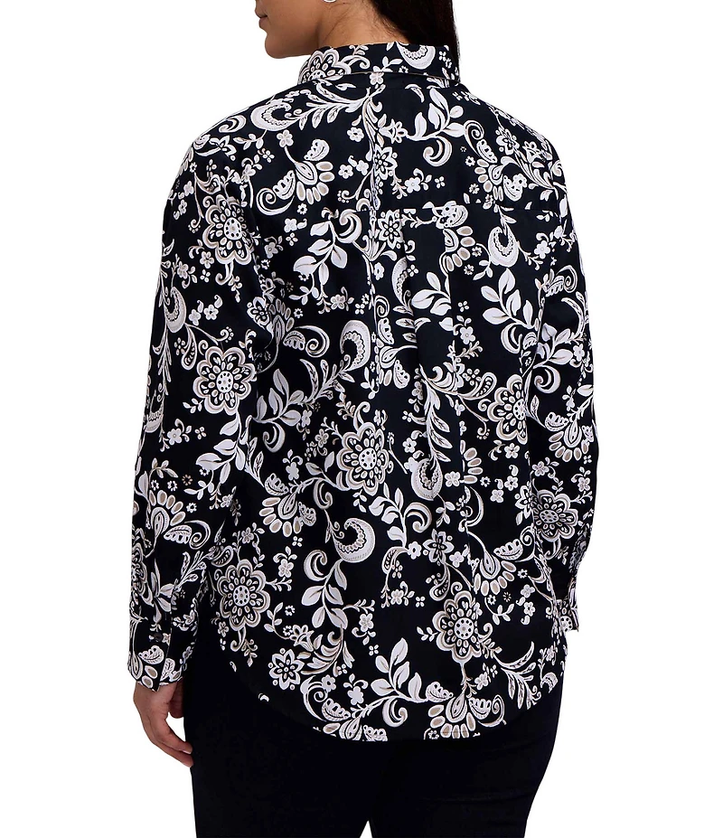Foxcroft Plus Size Margie Cotton Sateen Abstract Daisy Point Collar Long Sleeve Button Front Shirt